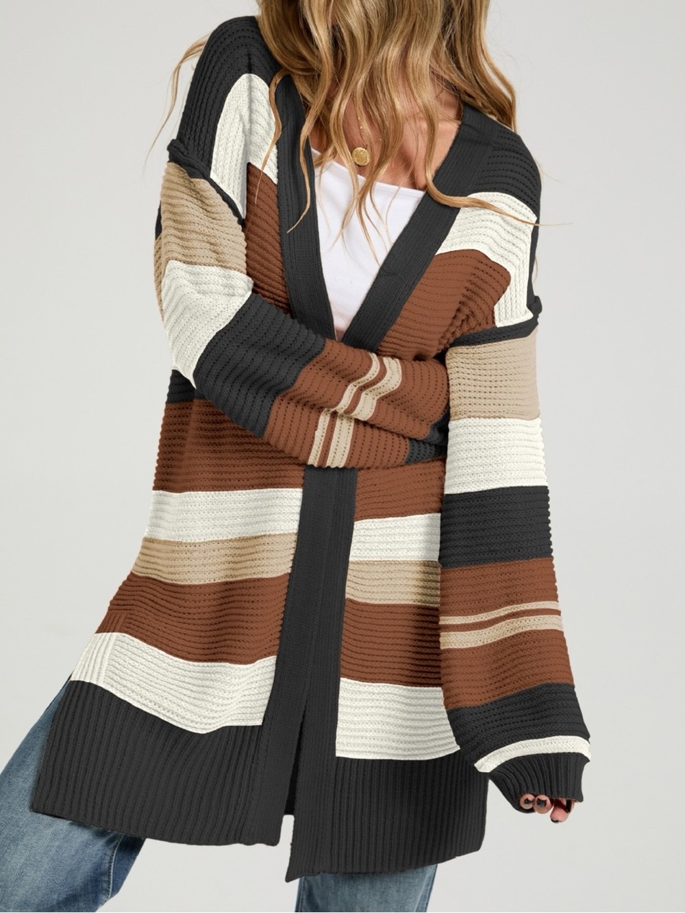 🤎 Hello Gorgeous! Striped Open-Front Cardigan Sweater - Brown/Black/Cream